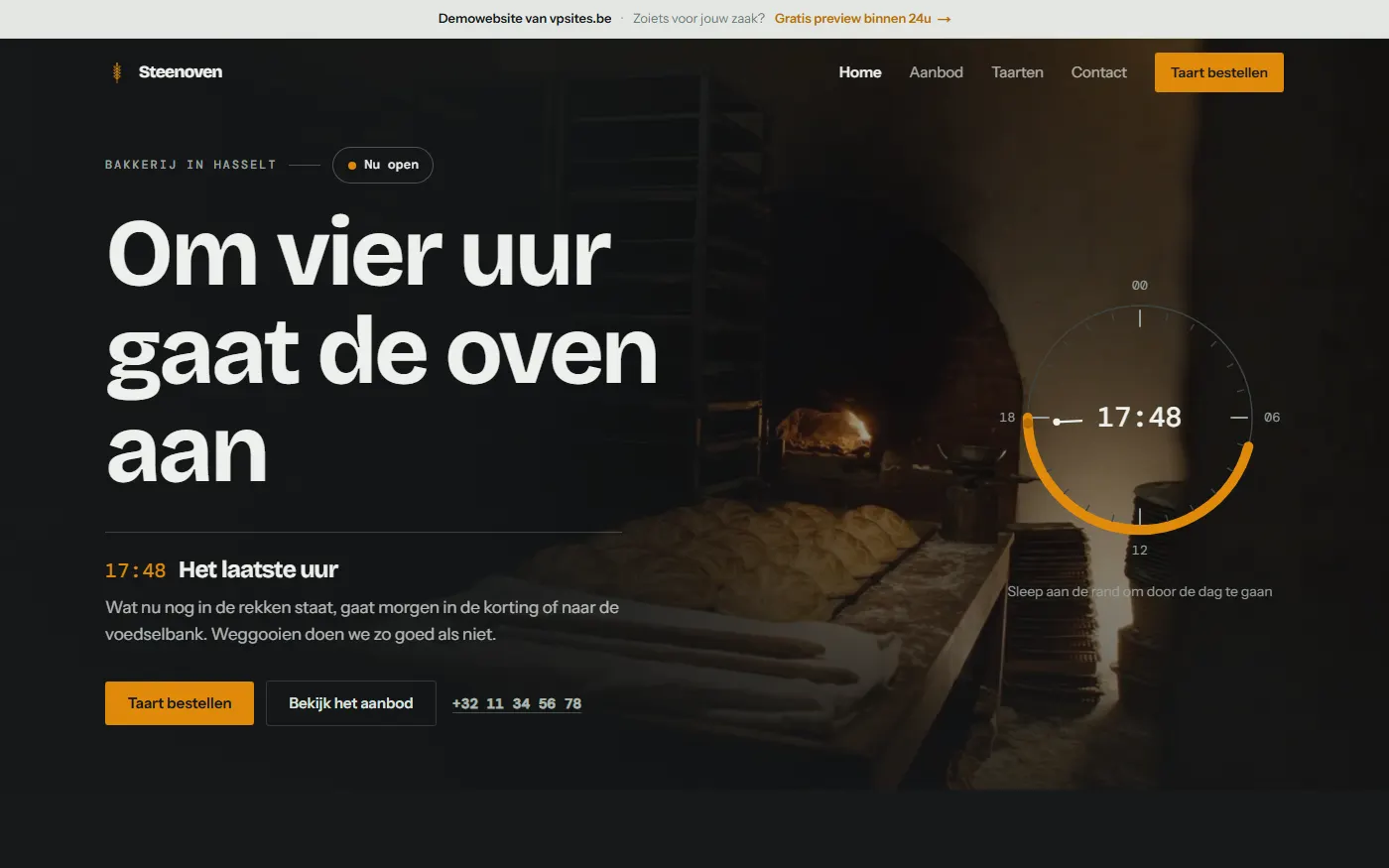 De homepage van Bakkerij Steenoven: een donkere pagina met een grote kop, een klok die de tijd van de dag toont en knoppen om een taart te bestellen