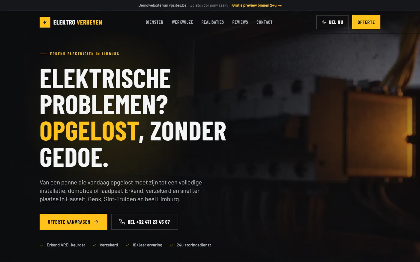 Voorbeeld van hoe een preview eruitziet: een afgewerkte homepage in de stijl van de zaak